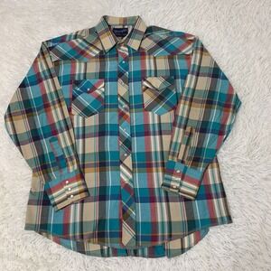Vintage Wrangler Western Shirt Size 17 1/2 Green Plaid Pearl Snap Cowboy Rodeo